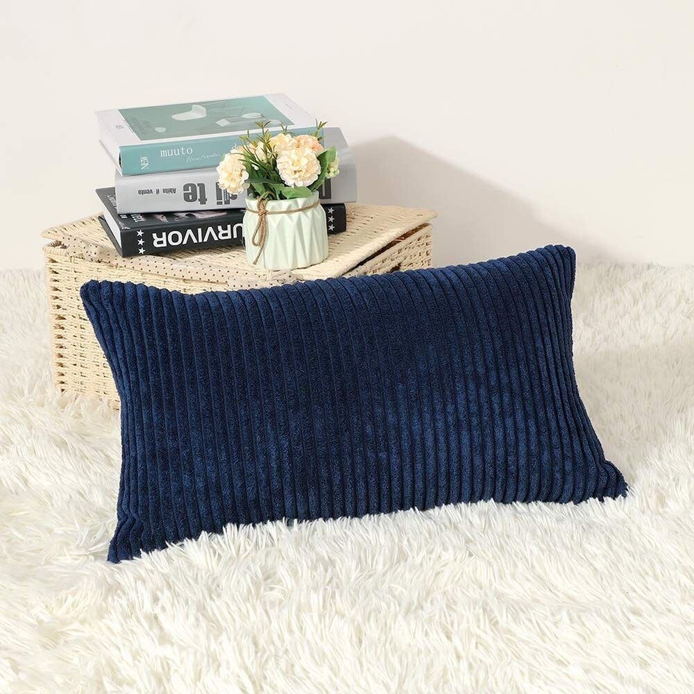 Cozy Navy Blue Striped Corduroy Pillow Covers for Sofa & Bedroom 12x20 Inches